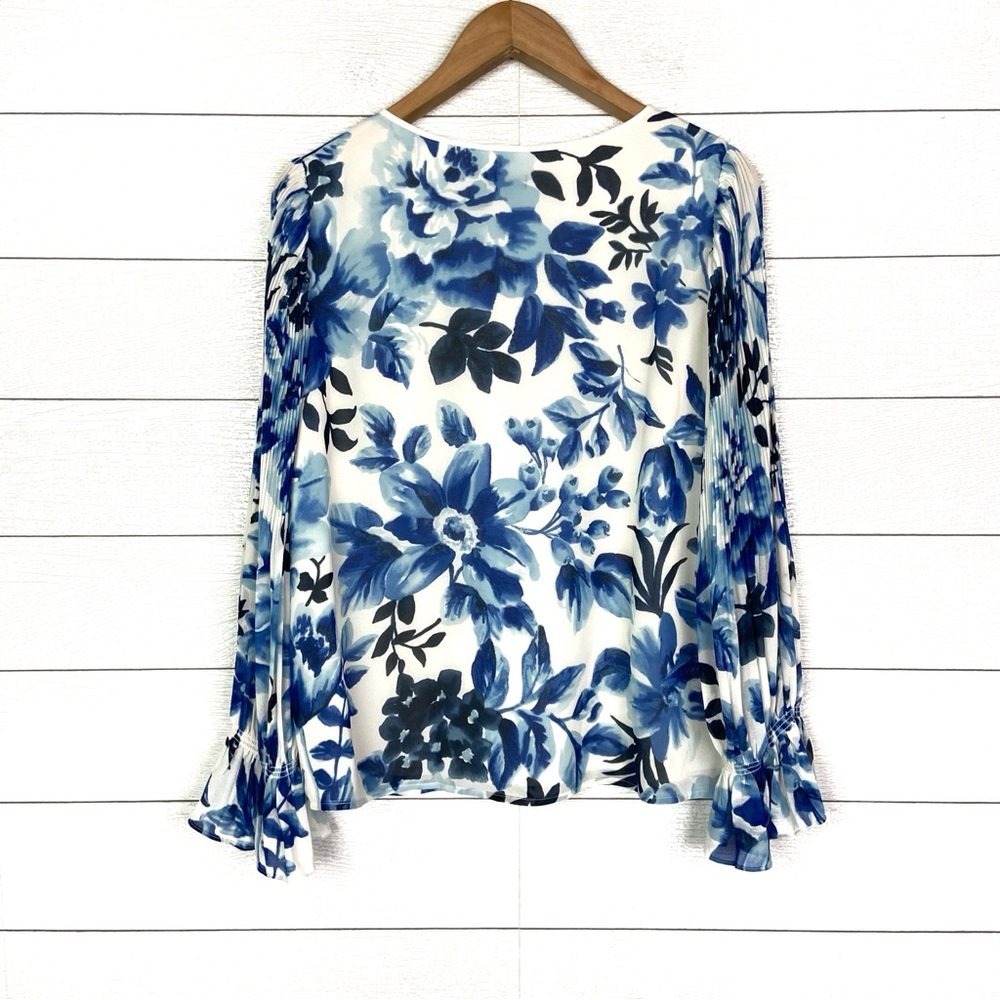 NWT TALBOTS Blue Watercolor Floral Pleated Blouson Sleeve Blouse Chiffon Medium - Picture 6 of 6